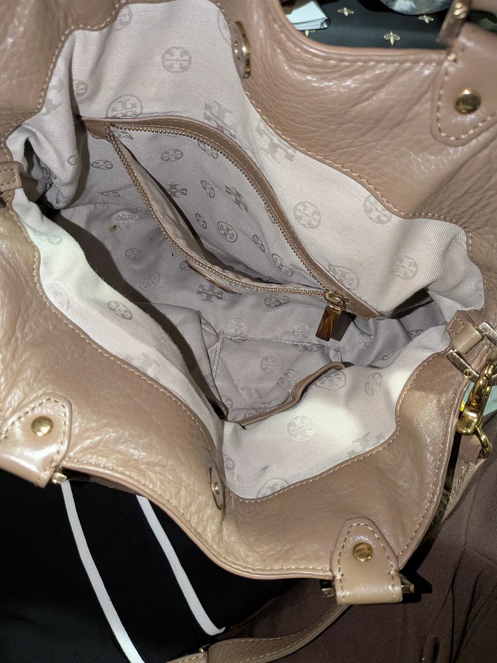 Tory Burch Pebbled Taupe Leather Hobo with Gold Logo